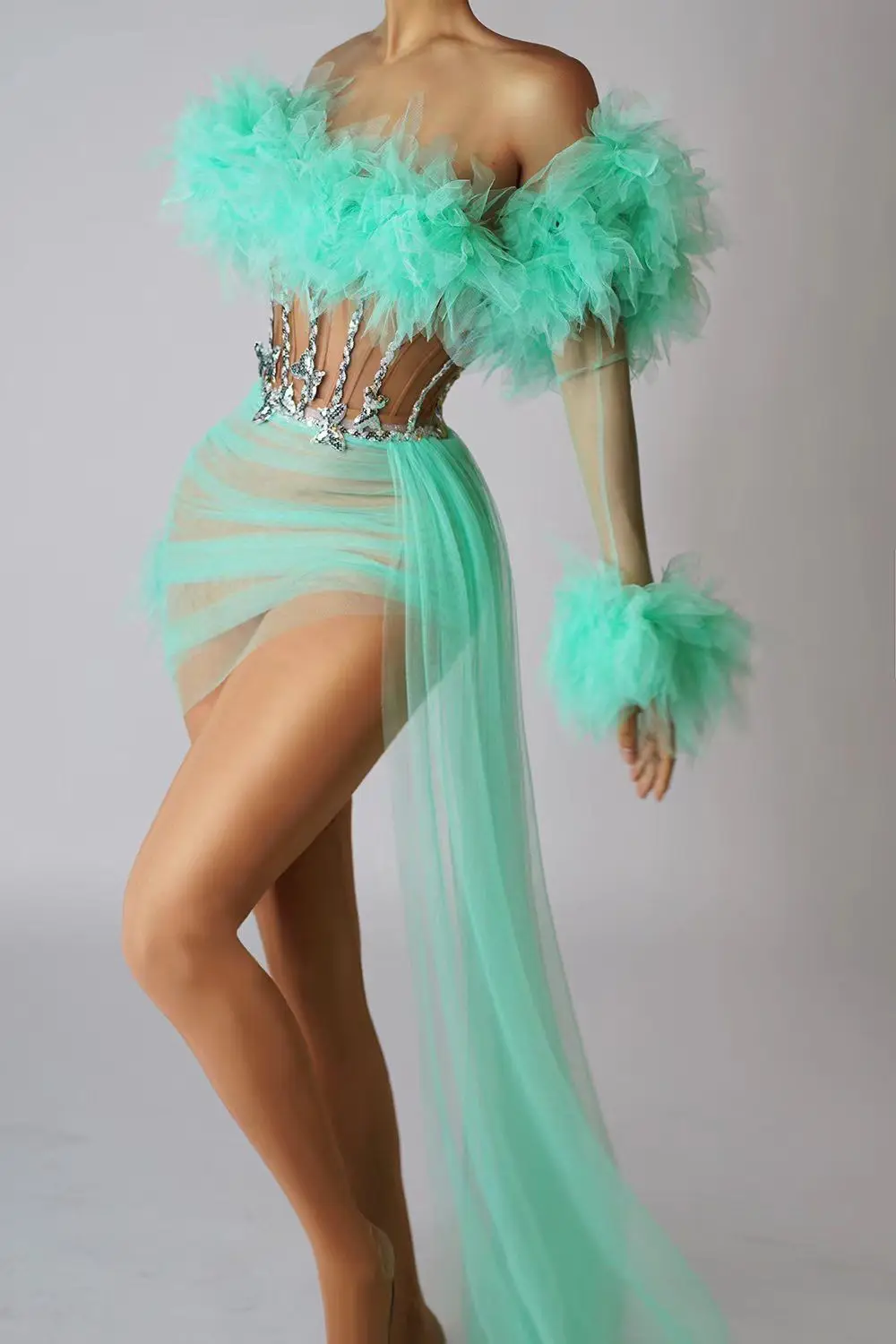 Sexy Rode Paarse Jurk Groen Zwart Transparant Mesh Kant Afneembaar Met Staart Handschoenen Clubfeest Verjaardag Vrouwen Drag Queen Outfits