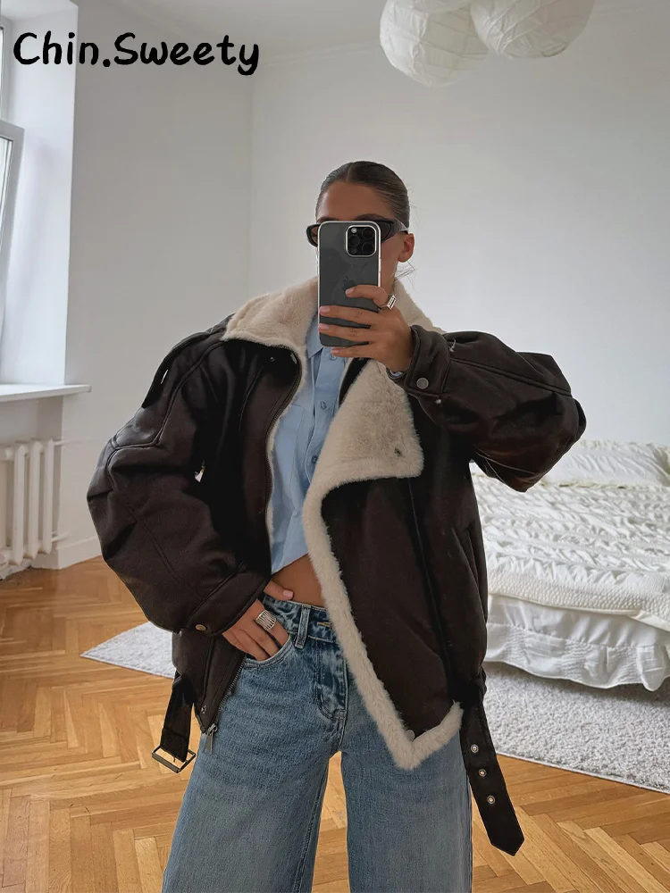 

Street Stand Collar Woolen Leather Coat Women Loose Full Sleeve Zipper Pockets Thicken Jacket 2025 Autumn Winter Lady Outwear