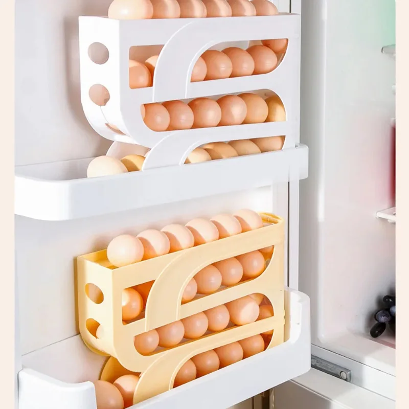 Automatic Scrolling Egg Rack Egg Basket Container Organizer Storage Box Holder Roll down Refrigerator Egg Dispenser Kitchen Home