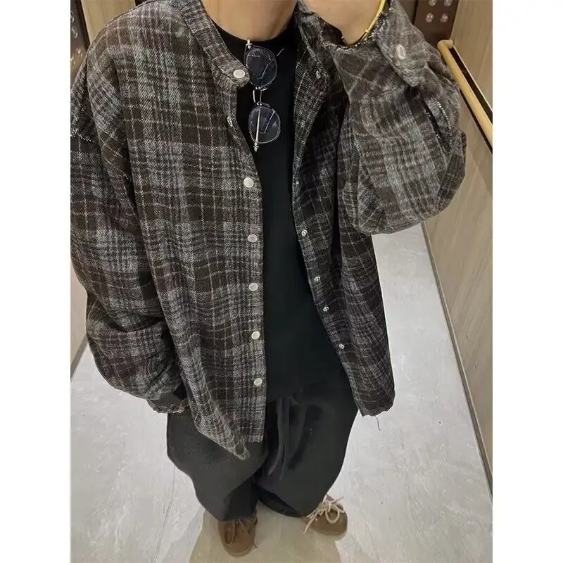 

Classic Retro Plaid Long Sve irt Loose Casual Collar Spring Autumn ex Outerwear Polyester Fiber Stand Fit Youth T...