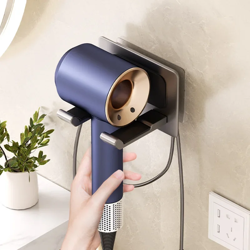 Aluminum Hair Dryer Holder Wall Mounted Self Adhesive No Drill Hairdryer Rack for Dyson Punch Free Bathroom Storage Organizer