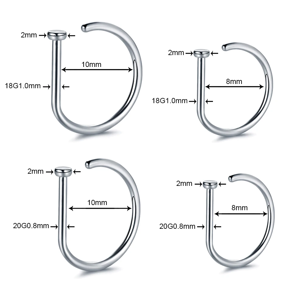 10pcs/lot Titanium D Shape Nariz Septum Rings Hoop 20G 18G Lip Nostril Stud Earring Cartilage Piercings Fake Nose Rings Jewelry