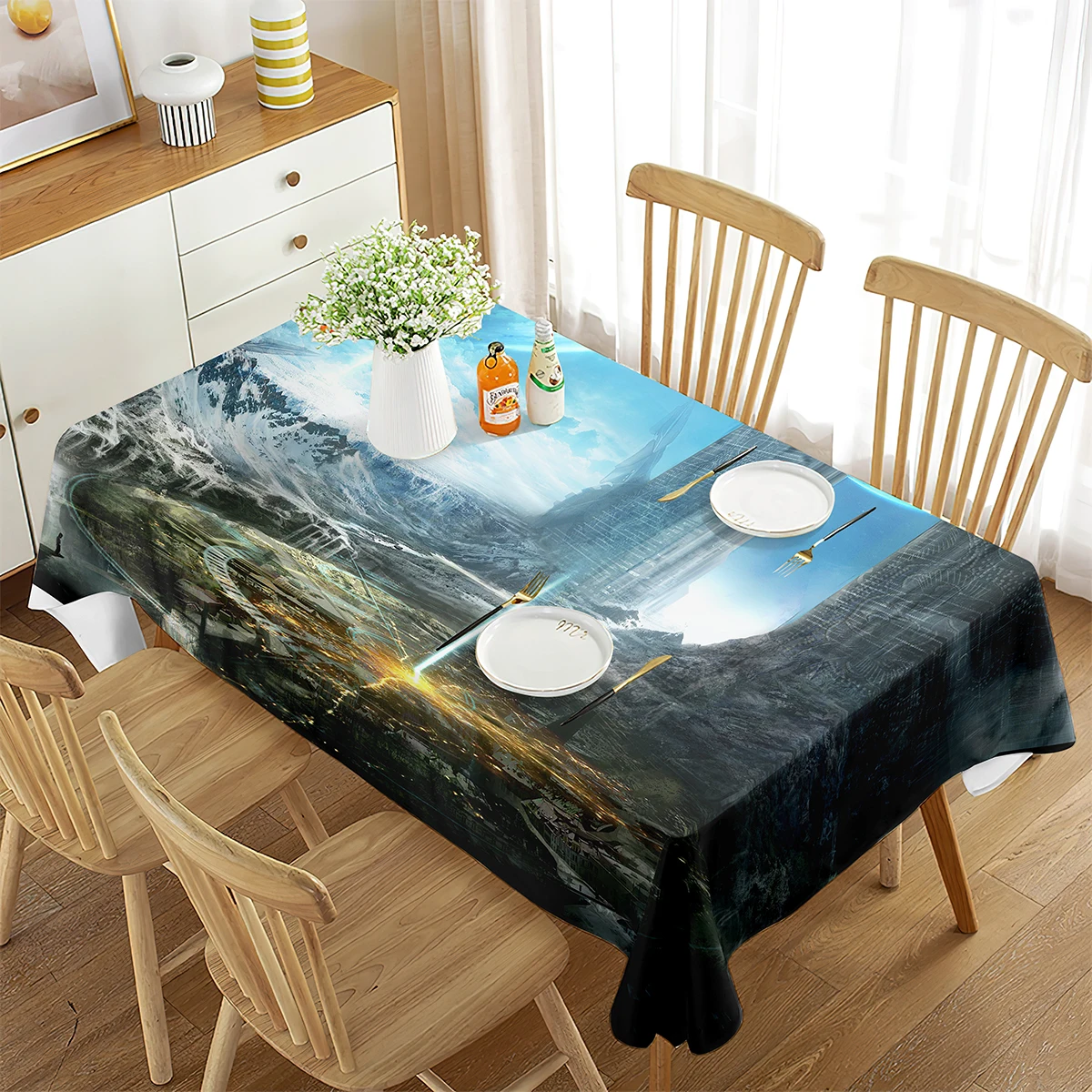 Fantasy World Tablecloth, Wonderland Forest with Elves Universe Theme Print, Dining Room Party Kitchen Rectangular Table Cover