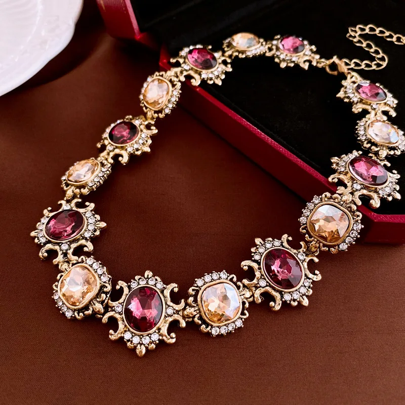 FYUAN Vintage Baroque Style Necklace Earrings For Women Brown Crystal Earrings Banquet Weddings Jewelry Sets