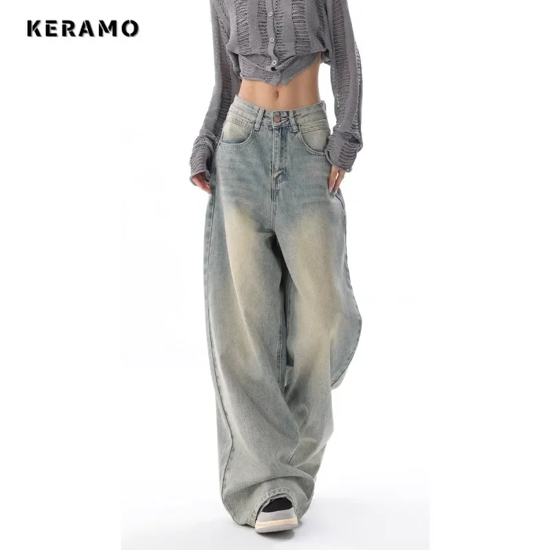 Korean Vintage Casual High Waist High Street Style Light Blue Straight Jeans Pants Women\'s Wide Leg Baggy Y2K Denim Trouser