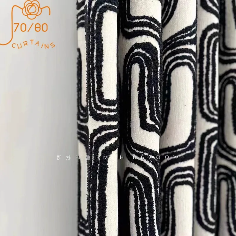 Black and White Flocking Thickened Jacquard Chenille Curtains for Living Room Bedroom French Window Balcony Window Customized