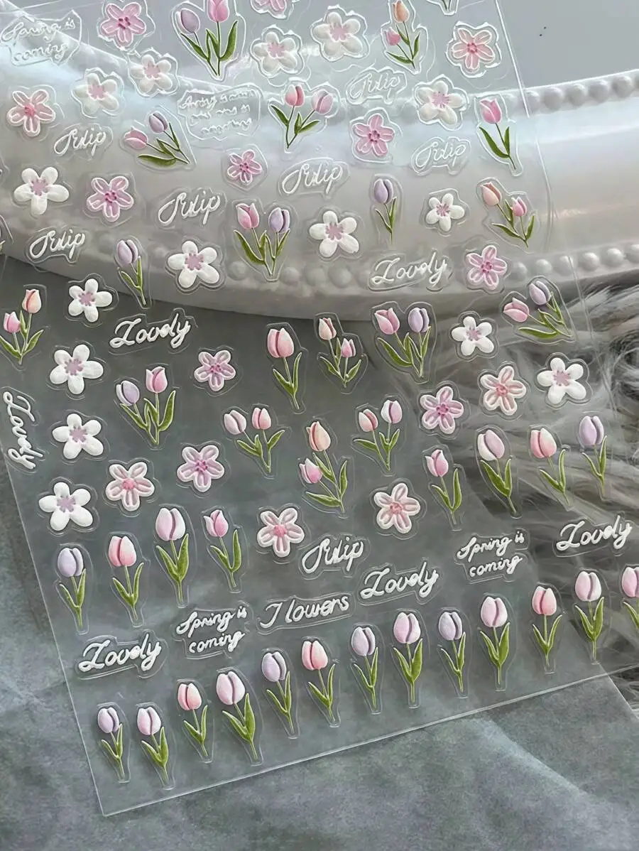 

1pc Tulip Nail Art Sticker, Pink Floral Nail Decals, Spring/Summer Botanical Nail Wrap, Self-Adhesive Nail Decoration, DIY