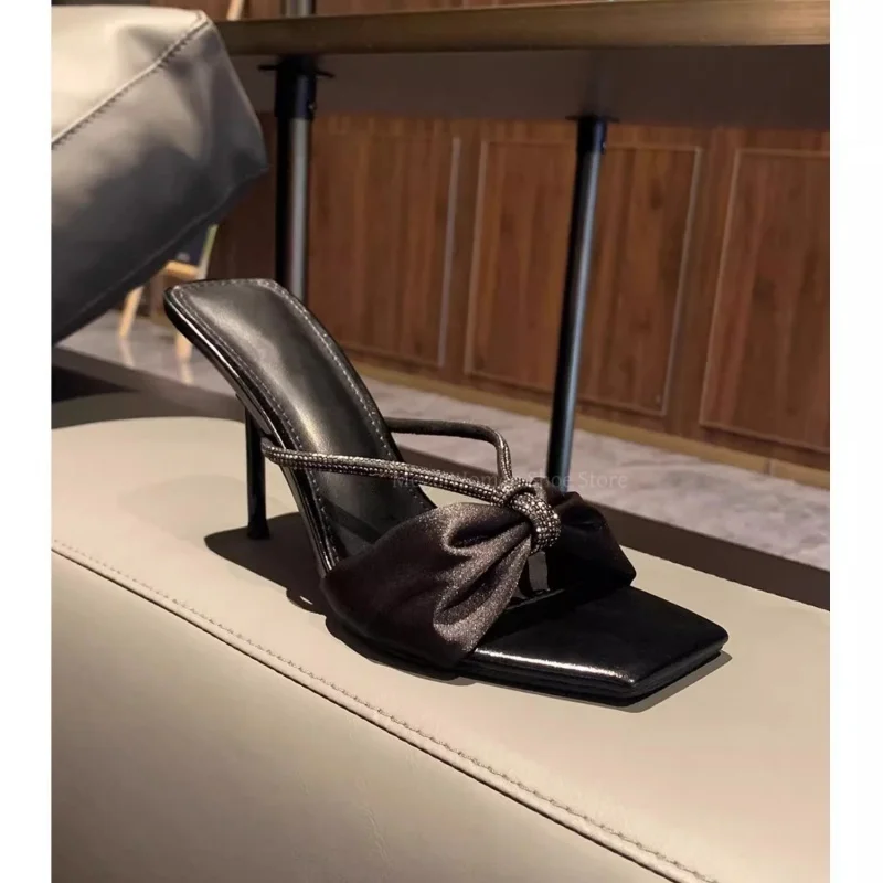 Purple Satin Rhinestone High Heel Slippers Outside Sandals for Women 2025 New Butterfly Dew Toe Stiletto Heel Wearing Half Shoes
