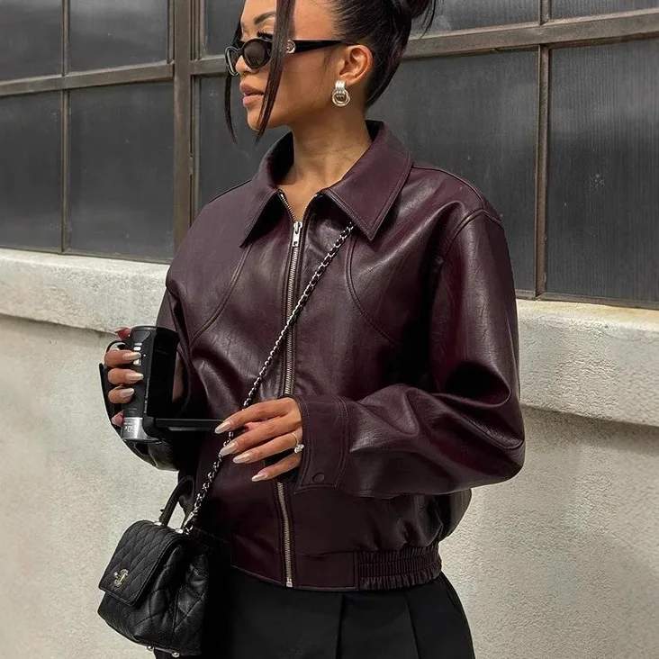 

Vintage Solid Color Lapel Zipper Leather Jacket Casual Long Sleeved Elastic Short Women Coat Fall Commuting Street Outerwears