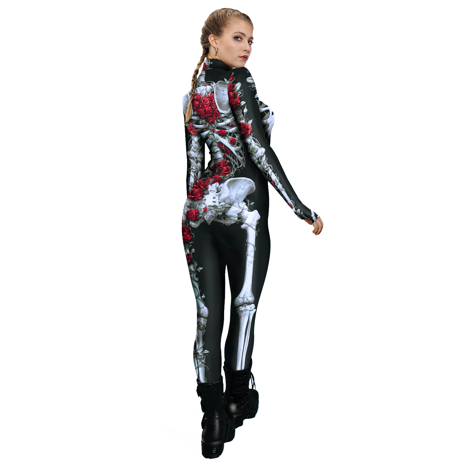 Ladies Snake Pattern Skeleton Rose Punk 3D Jumpsuit Catsuit Sexy Women Cosplay Costumes Zentai Female Halloween Party Bodysuit