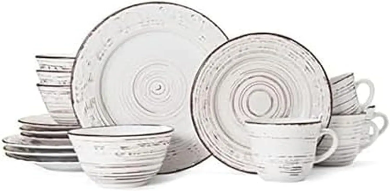 

16-Piece Stoneware Dinnerware Set for 4, Distressed White Finish, Microwave & Dishwasher Safe Plates and Bowls