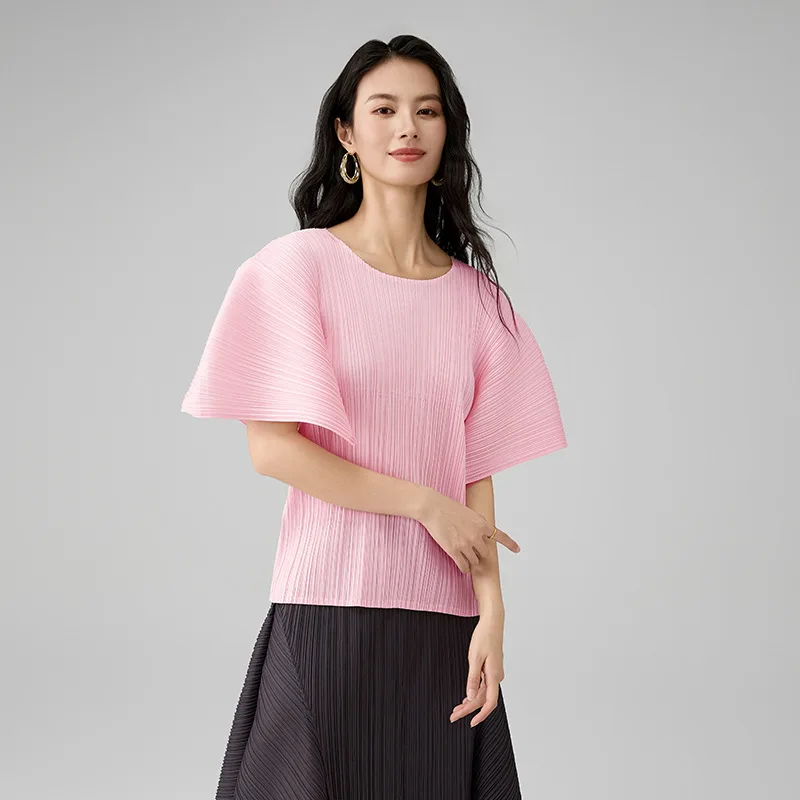 ミヤケプリーツファッションセット2025新作ハイエンドOネック多用途Tシャツ無地ルーズカジュアルストレートパンツツーピースセット