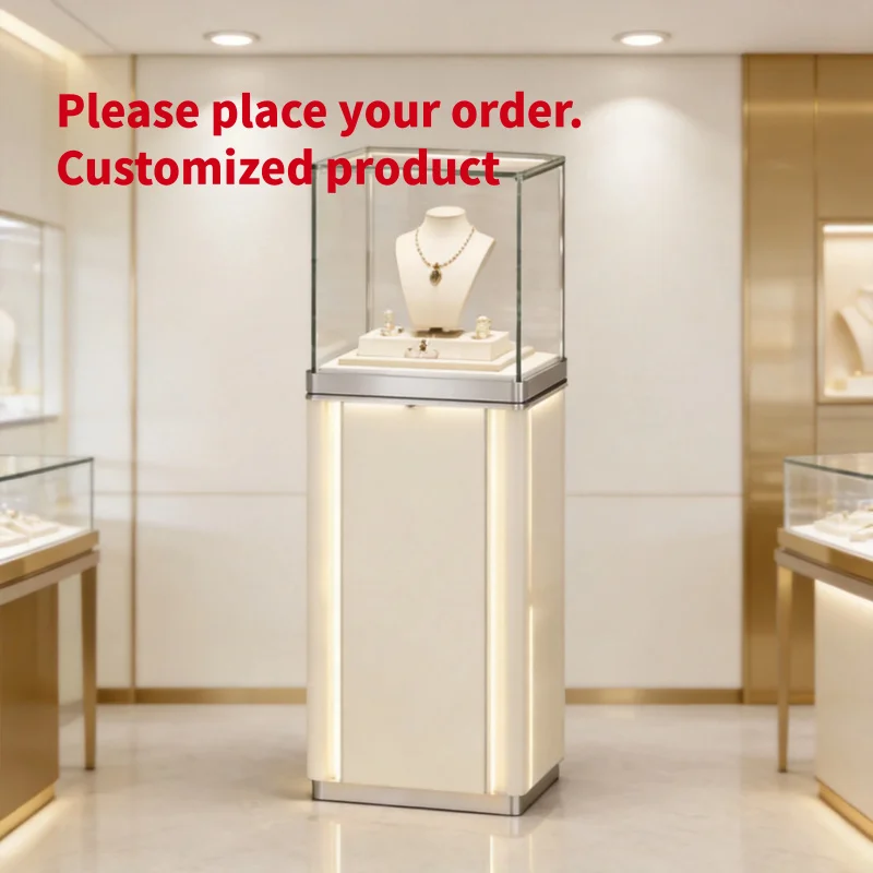custom.Luxury Jewelry Display Pedestal Square Glass Showcase with LED Lighting Milk White Silver Retail Boutique Tower Furniture