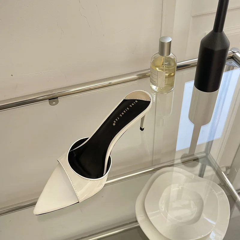 7cm White Heels Slippers Stiletto Ladies Sandals White Patent Leather Summer Shoes Woman 2025 Pointed Toe Sandalias De Mujer
