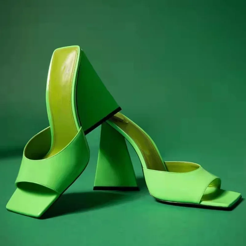 New Summer Green Slippers Women High Heels Mules Slip On Block Square Heels Casual Slippers Triangular Shape Chunky Sandals