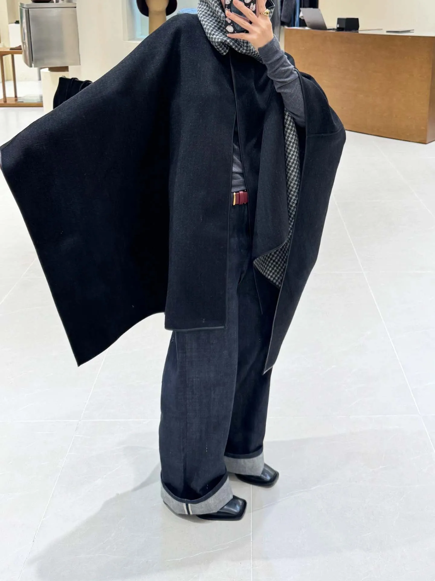 

Pure Quali Double-sided HDM Tweed Woolen Coat Design Sense Two-way Wearable Cowl Ne Long Sve Mid-length Coat