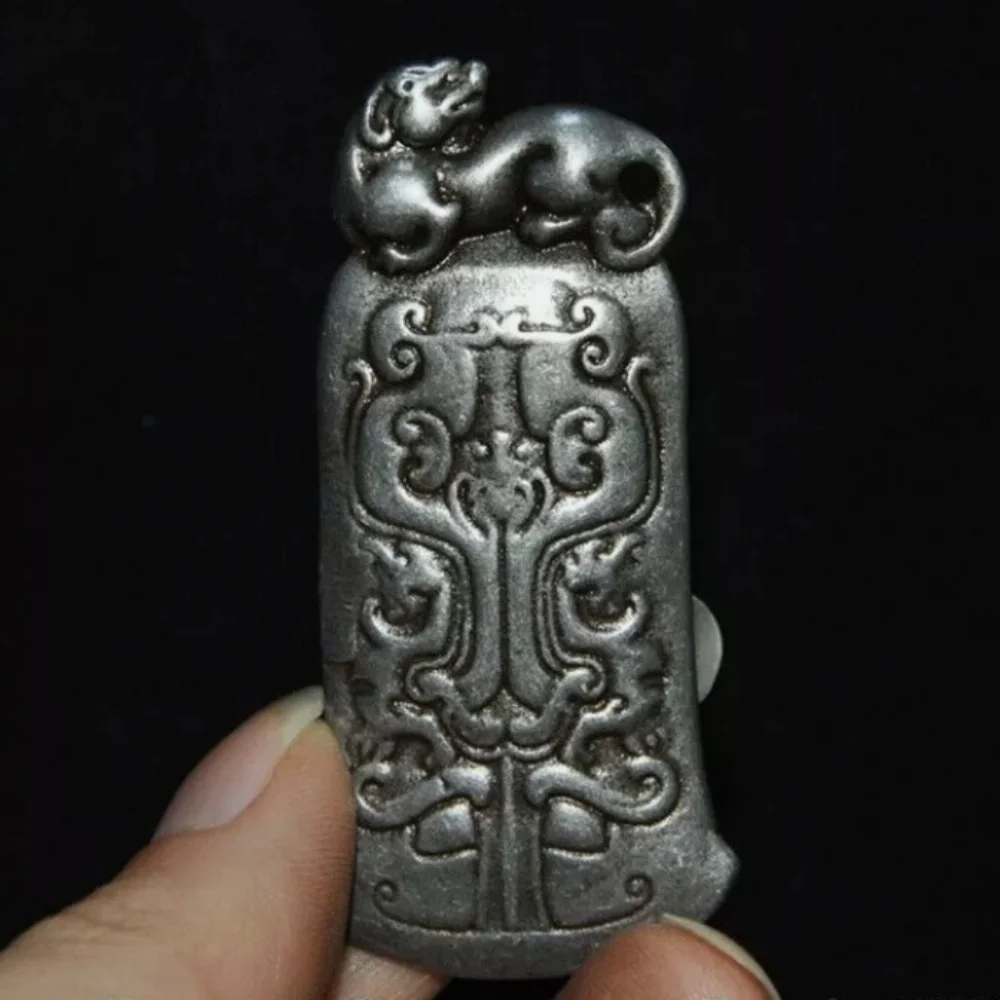 2.2" Old Tibet Buddhism temple Tiantie Inscription beast Statue amulet hanging ornament