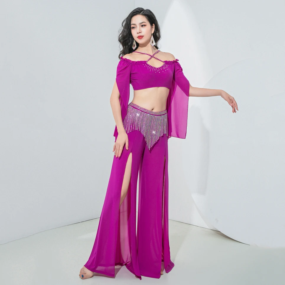 Sheer Mesh Class Trainning Clothes Loose Pants Side Slit Luxurian Belly Dance Pants Costume Blinking Diamonds Belt 2PCS Set