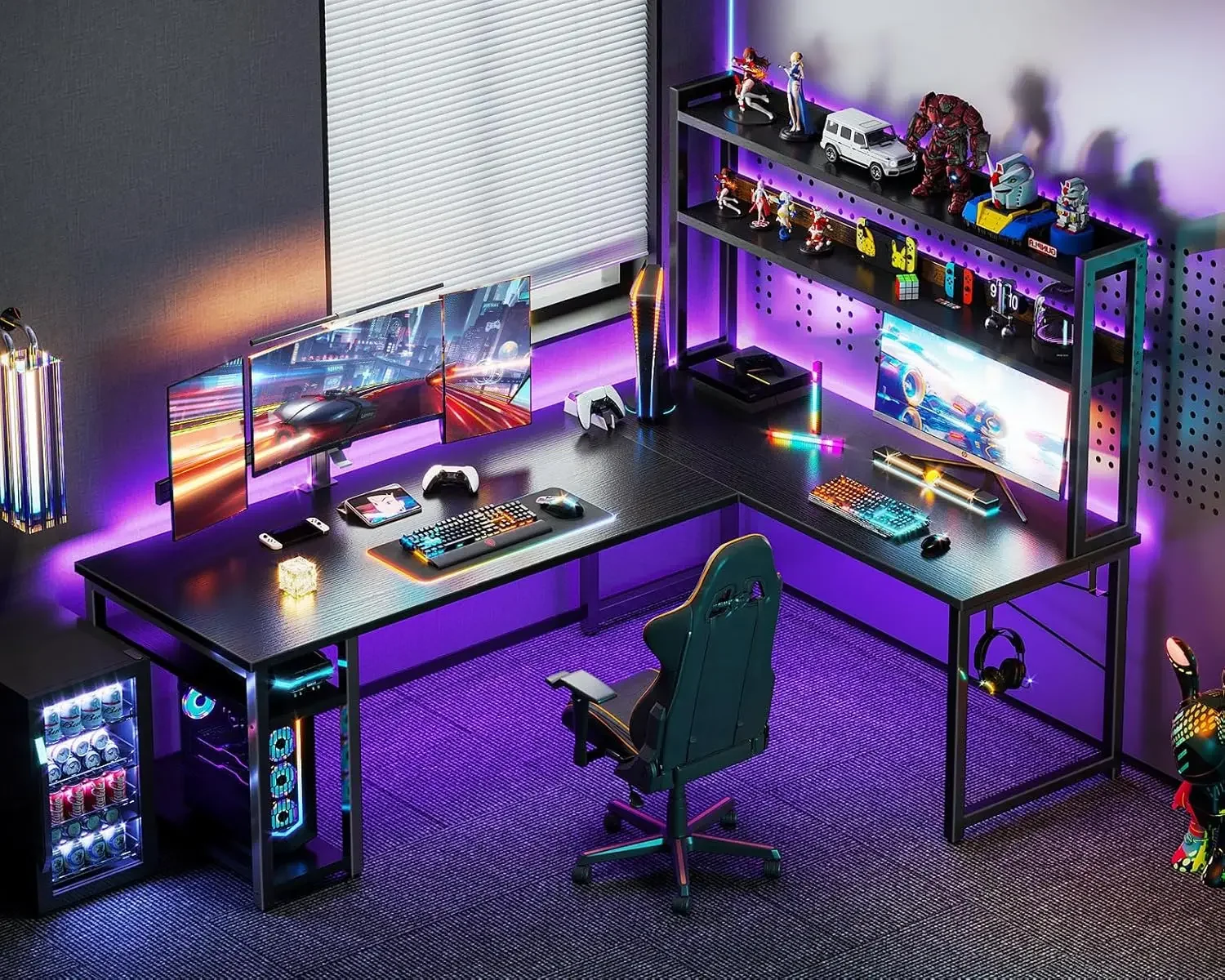 L Shaped Gaming Desk with Hutch, Computer Desk with Storage Shelves, 66