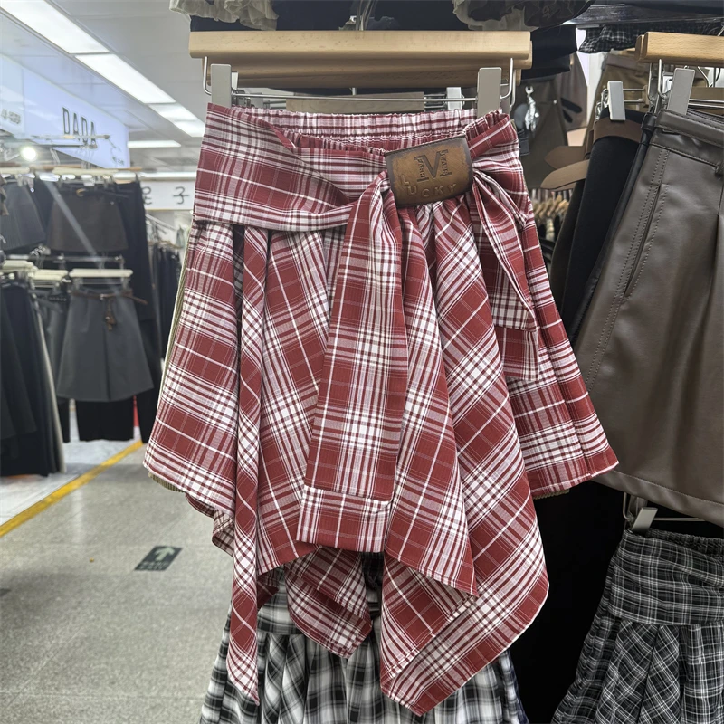 College style irregular checkered skirt for women autumn high waist spicy girl slimming A-line shirt short skirt