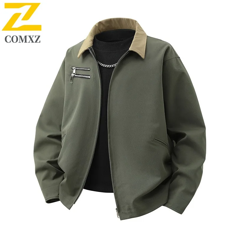 

COMXZ 2025 Mens Japanese Vintage Workwear Jacket Zip Detail Casual Coat