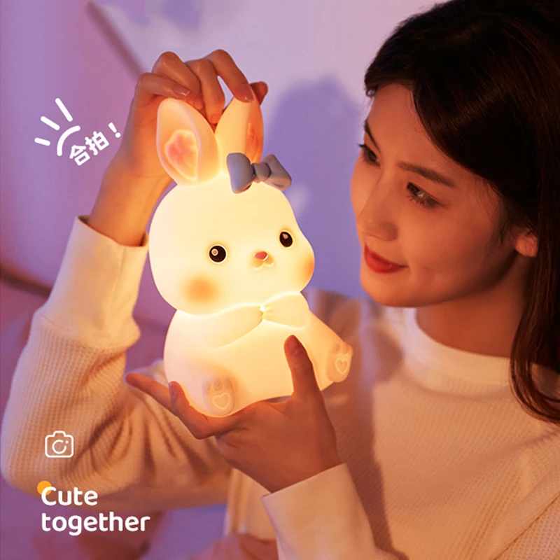 Cartoon LED Night Lights Cute Bunny Rabbit USB Rechargeable Touch Switch Remote Eye Care Bedroom Decoration Desktop Table Lamp
