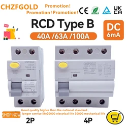 NEW Type B RCCB RCD ELCB 2Pole 4 Pole 40A 63A DC Earth Leakage 10KA 130MA 100MA 300mA RCD Circuit Breaker DC6MA AC MCB RCBO