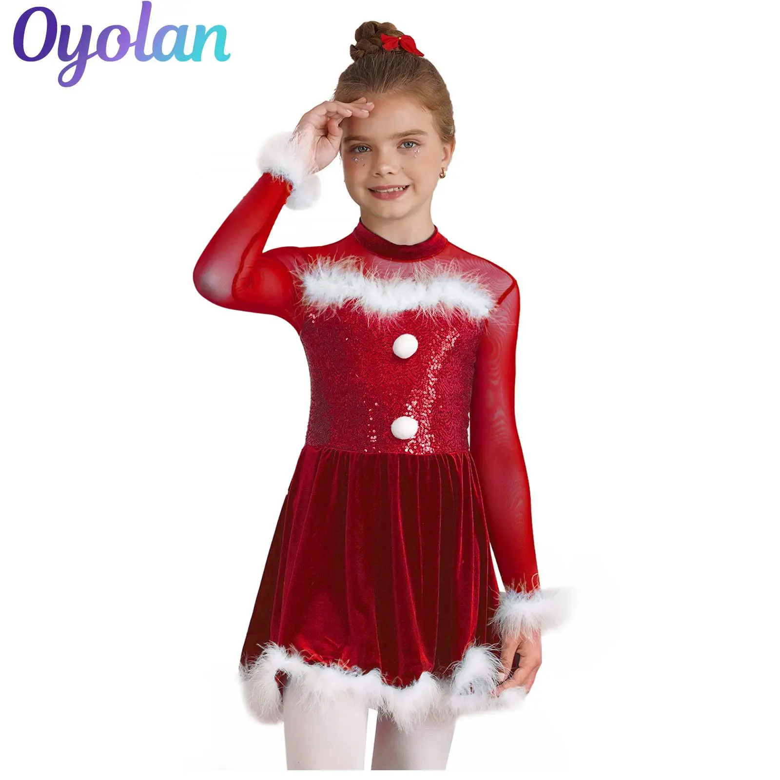 الفتيات عيد الميلاد عيد الميلاد قزم سانتا كلوز تأثيري حلي لامعة الترتر فستان رقص كم طويل ريشة الشكل التزلج بذلة فستان #1
