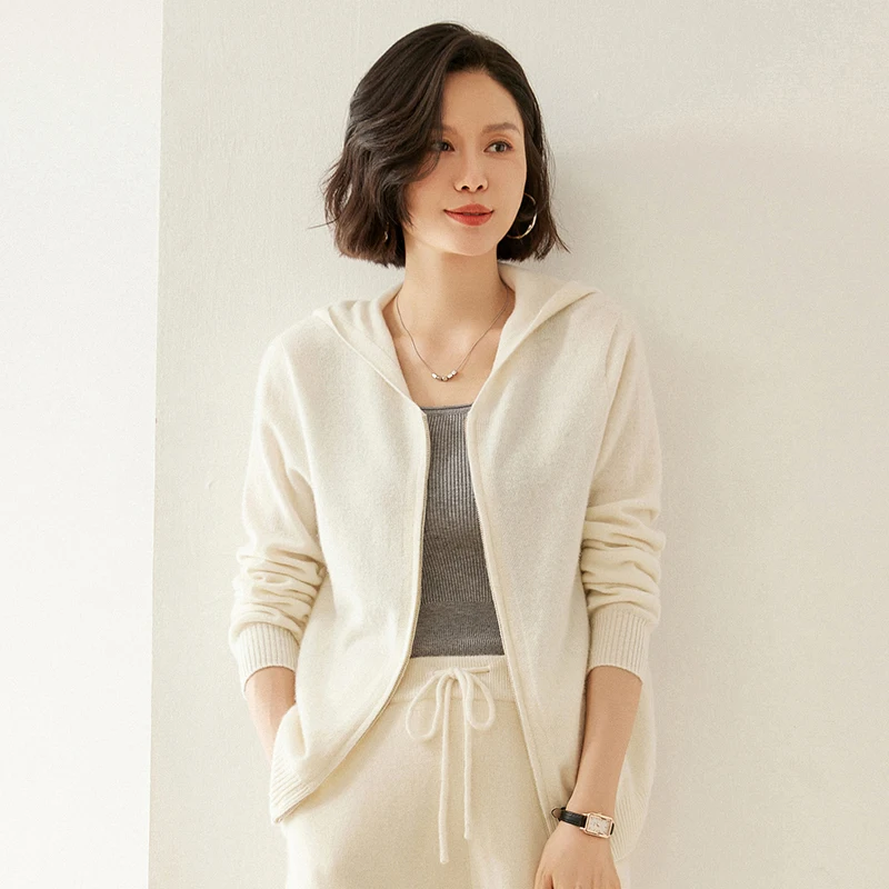 

FRSEUCAG New 100% cashmere knitted women's cardigan hooded sweater fashionable full sleeved jacket women's cashmere sweater
