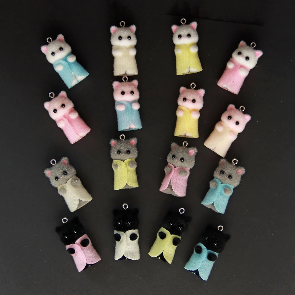 30Pcs 3D Kawaii Cat in clothes Charms Cartoon Animal Flocking Resin Pendant For Making Earrings Keychain Accessories Supplies