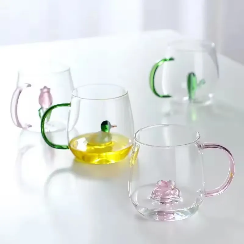 

3D стеклянная чашка с розой и ручкой, бытовая чашка для завтрака для сока, кофе, прозрачная кружка, милая чашка для чая, молока, стеклянные бокалы
