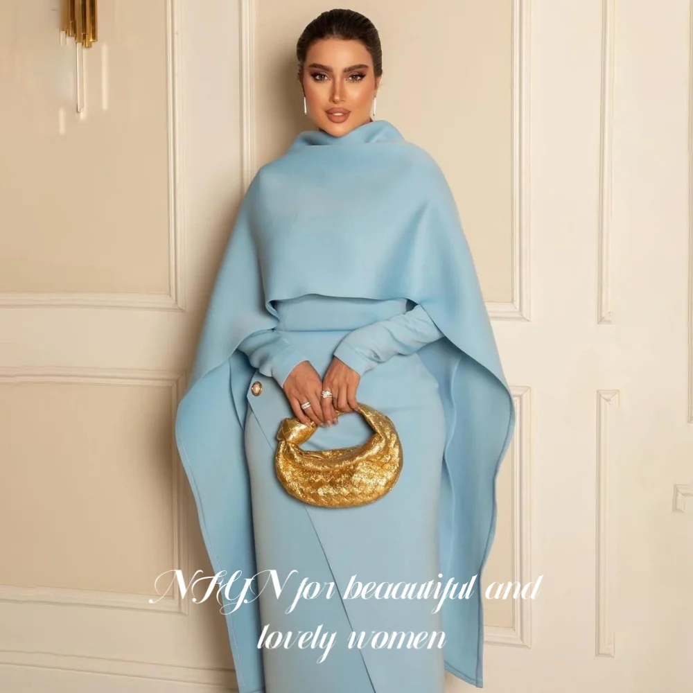 Nfyn azul elegante vestido de baile simples capa botões vestido de festa plissado sem costas tornozelo comprimento sereia vestidos de noite personalizados