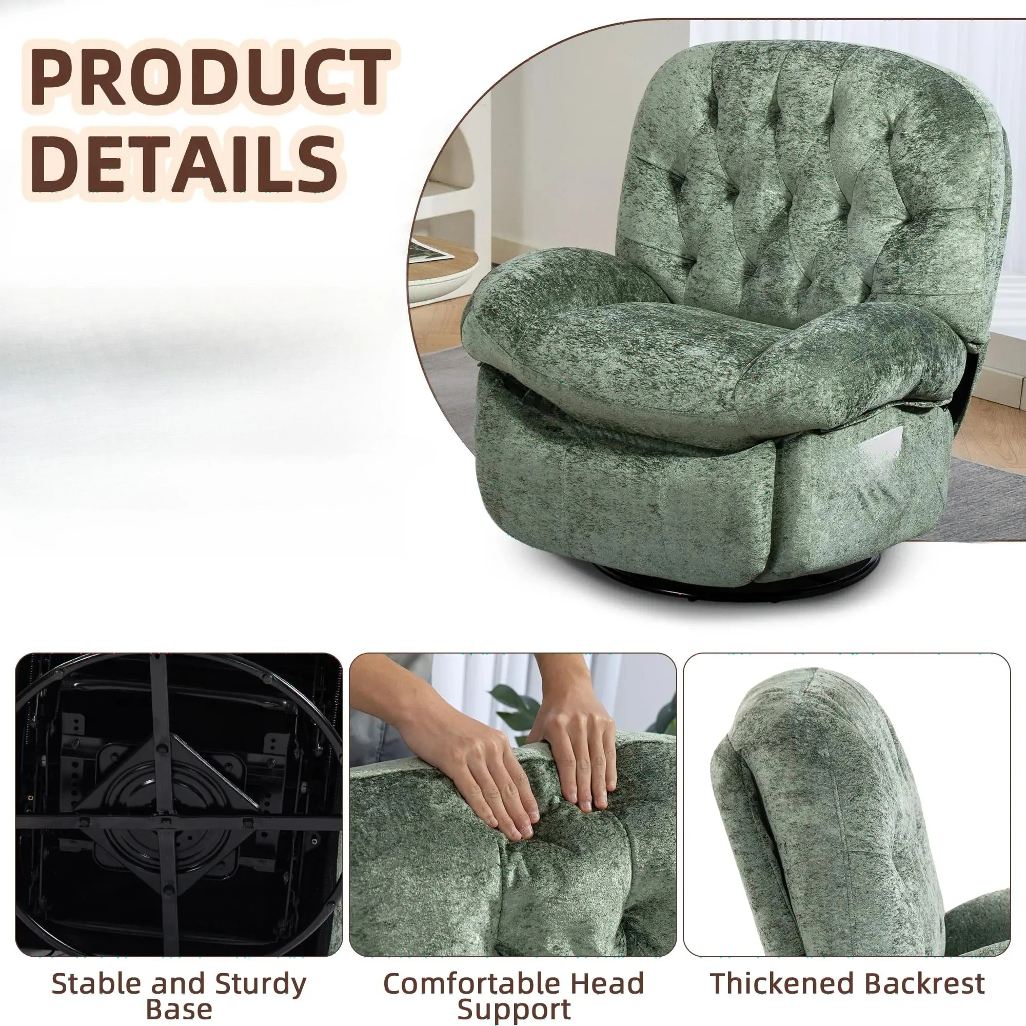 Factory Direct 2026 Adult reclining armchair, 360° swivel, manual, with side pocket, rocking chair for children’s bedroom