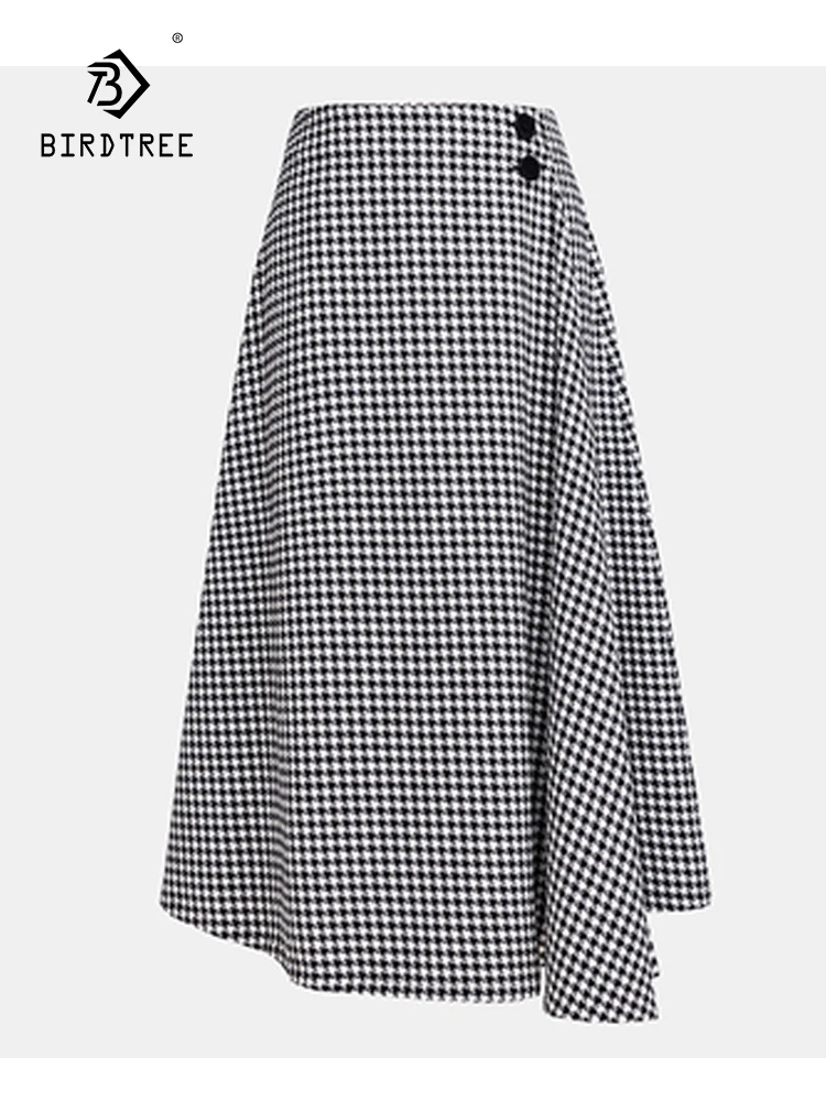 

Birdtree 100%Wool Black White Houndstooth Worsted Skirt 2024 Spring Women Retro French Style High Waisted Half Skirt B3D756QC