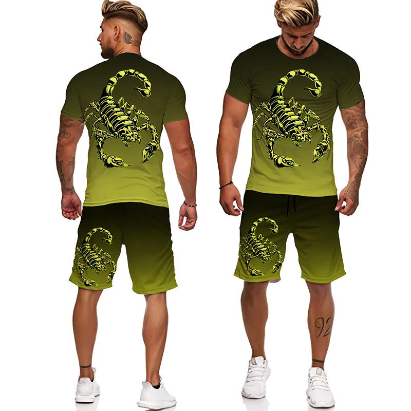 Summer Scorpion Pattern Men\'s Clothing 2PCS Sets 3D Printed Casual T Shirt+Shorts Outfits Street Trend Oversized Sportwear Suits