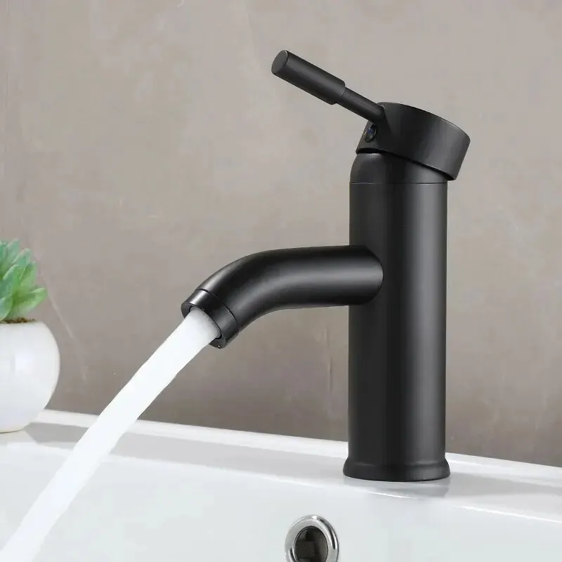 Black Minimalist Style Bathroom Faucet Hot Cold Water Sink Mixer Tap Stainless Steel Basin Faucets