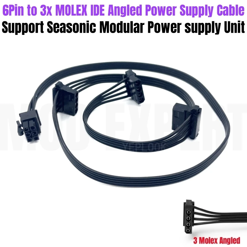 

6Pin to 3 Molex 4Pin Angled IDE Power Cable for Seasonic FOCUS PLUS, PX, GX, SGX 1000W, 850W, 750W, 650W, 550W Modular Power PSU