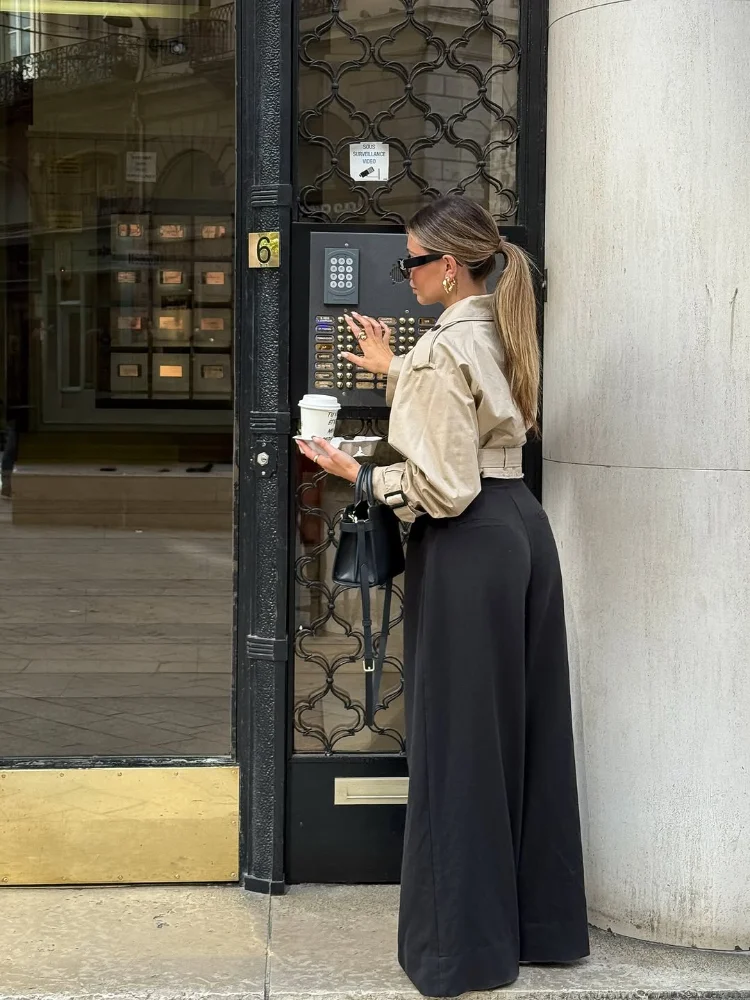 Women 2026 Solid Short Trench Coat Notch Lapel Double-Breasted Tie Waist-Cinching Fringe Long Sleeve Jacket Date Trendy Wear