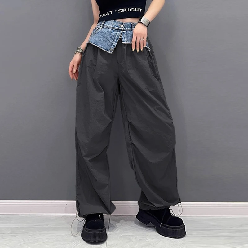 

2024 new women's street pleated denim patchwork pants loose slimming black gray green contrasting color stylish casual trousers