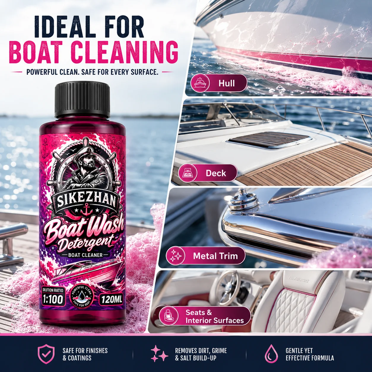 120ml Concentrated Boat Wash Detergent, 1:100 High Dilution Ratio Marine Hull Cleaner Soap for Yacht Vessel Maintenance Tools