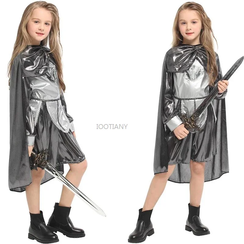 

Kids Silver Medieval Warrior Knight Costume Children's Day Female Samurai Performance Suit Carnival Party Masquerade Role Play