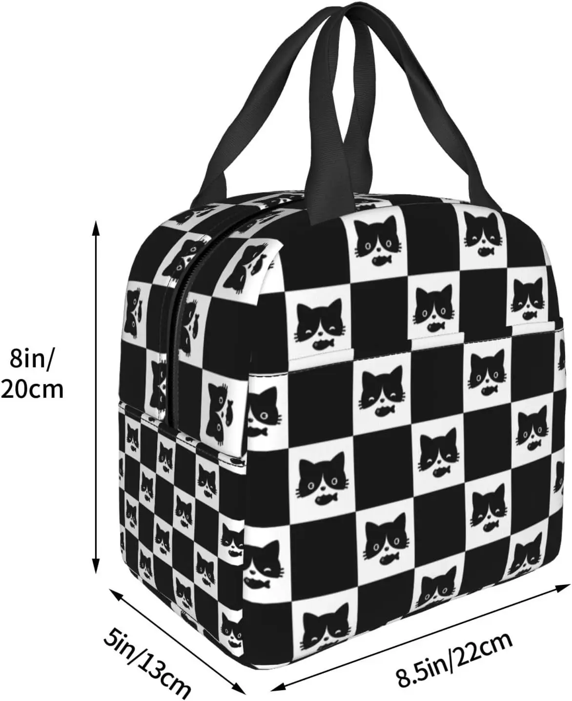 Cat Black And White Plaid Background Lunch Bag Compact Tote Bag Cat Kitten Checkered Reusable Lunch Box Container For Women Men