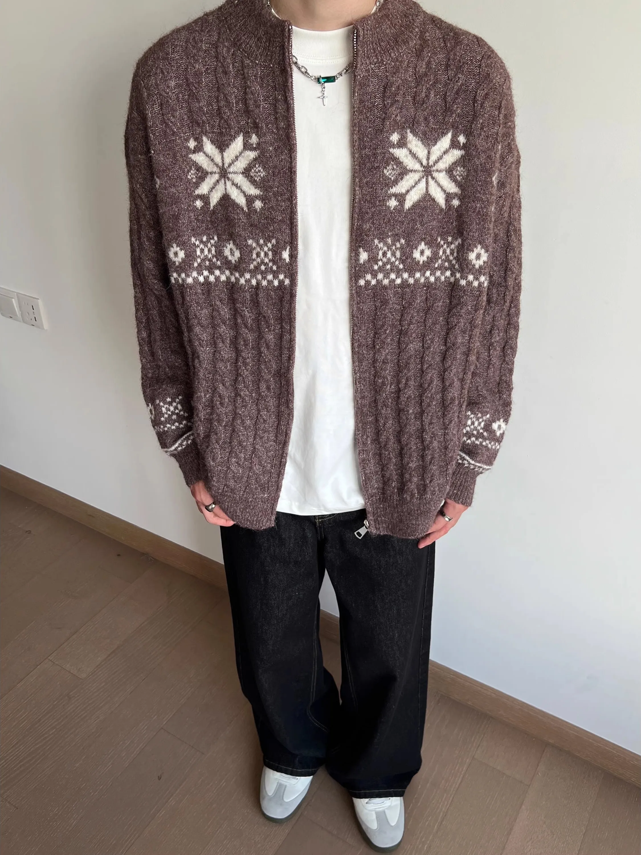 

Retro American Fair Isle Wool Blend Knitted Sweater Coat Men's Patterned Knitwear High Quali Couple's Outerwear