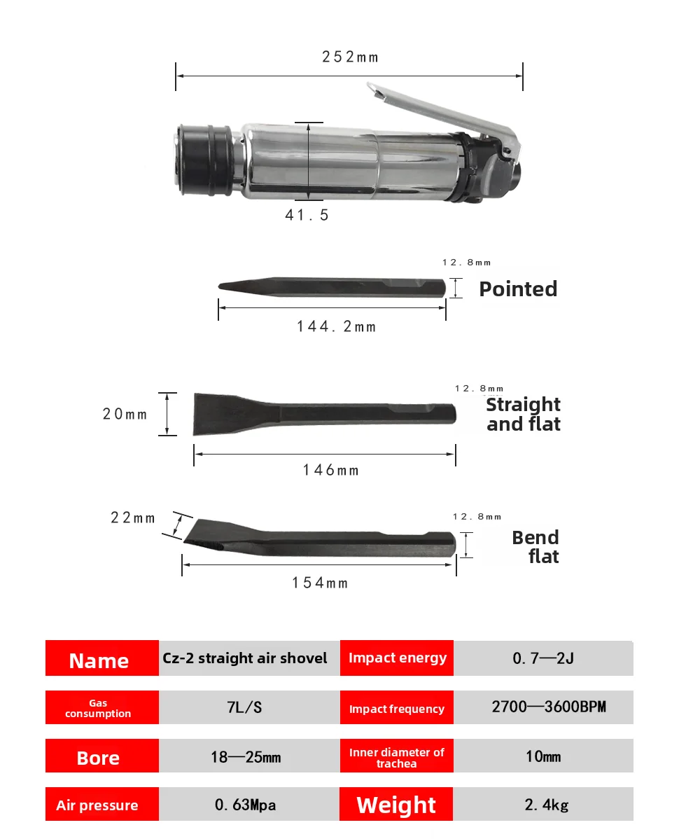 Suruima Cz-2 Air Shovel with Straight Handle for Removing Welding Slag, Air Chisel, Air Pick, Air Hammer, Pneumatic Rust Removal Shovel Head Tool