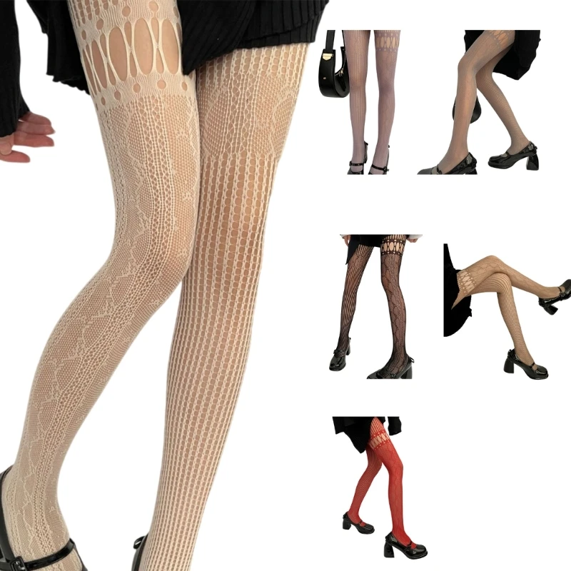 Women Aesthetic Sexy Hollowed Fishnet Lace Pantyhose Girl Asymmetrical Spliced Striped Patterned See Through Tights Stockings