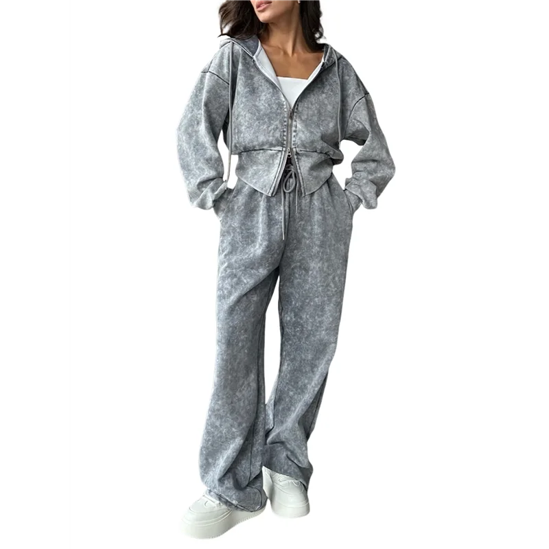 NEU – 2-teiliger Velours-Trainingsanzug für Damen, zweiteilig, weicher Samt-Kapuzen-Trainingsanzug für Damen, Lounge mit Taschen, Grau, M