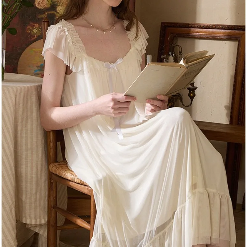 Vintage Court Summer Girl Suspender Pajamas Modal Lined Soft Yarn Dress Princess Style Loungewear