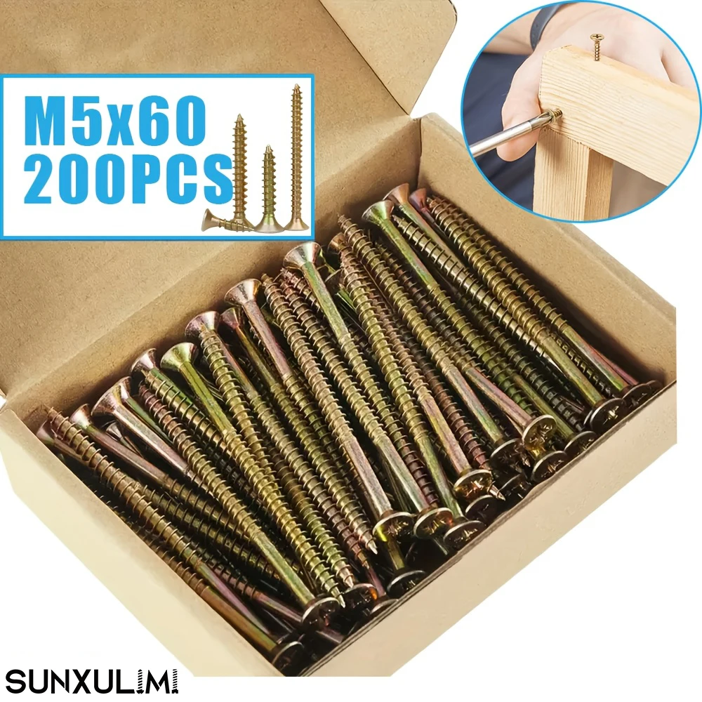 

200 шт. винтов по дереву с плоской головкой M5x30/40/50/60/70/80, шурупы по дереву с крестообразной головкой, оцинкованные желтом, полная резьба