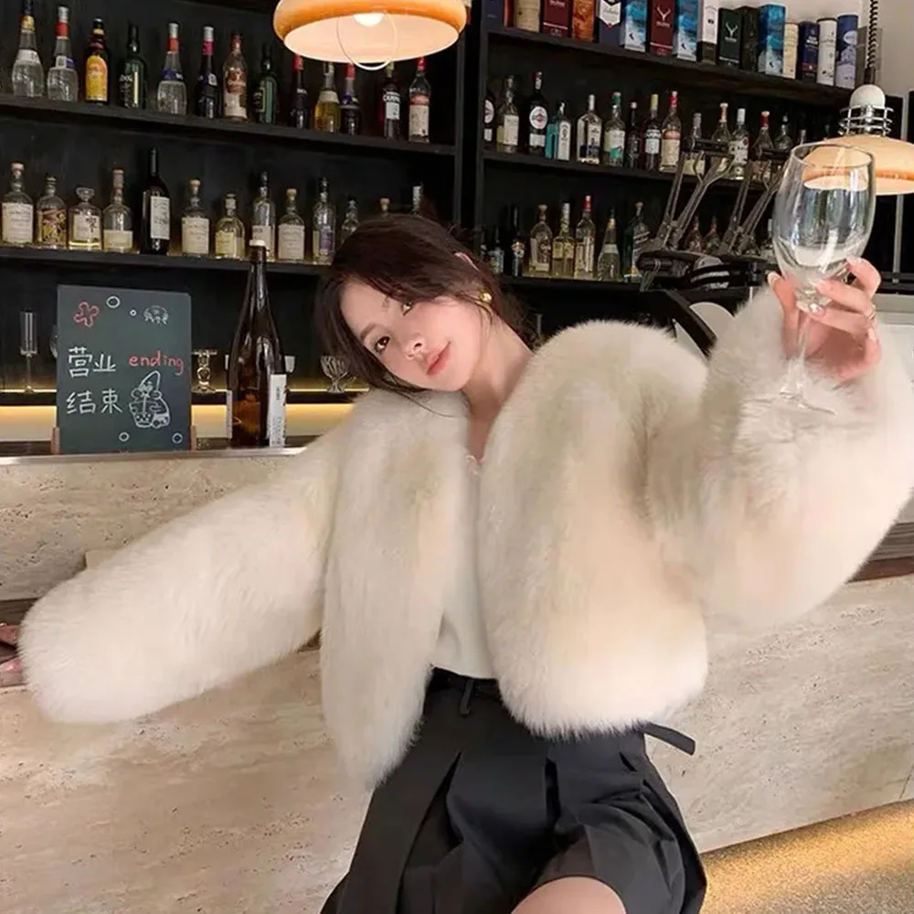 2023 Faux Fox Fur Short Jackets For Women Winter Plush Imitation Black Fox Fur Luxury Coat For Girls NEW Elegant Thicken Outwear