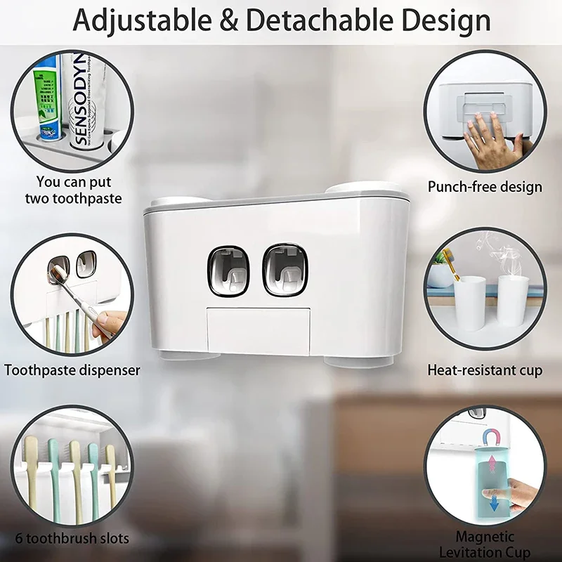 WIKHOSTAR Automatic Toothpaste Dispenser Magnetic Toothbrush Holder Bathroom Accessories Set Wall Mounted Toothpaste Squeezer